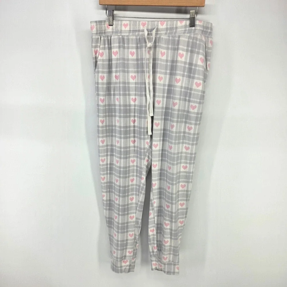 Loft Pajama Set Womens Large Gray Pink Heart Plaid Sleepwear Loungewear 2 Piece